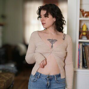 H&M Black Ribbed Crop Flare Top Short Sleeve - Size Extra Small